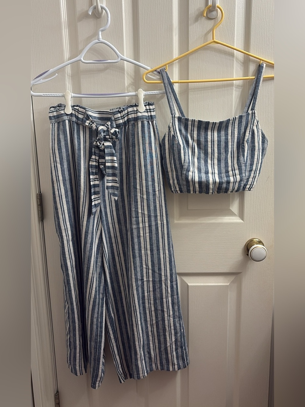 Kismet Blue and White Striped Crop Top & Wide-Leg Pants Set